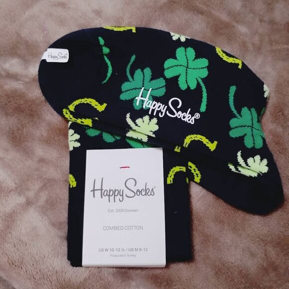 NWT HAPPY SOCKS ST. PATRICKS DAY NAVY W 4LEAF CLOVER HORSESHOE MADE IN TURKEY US - Picture 4 of 5